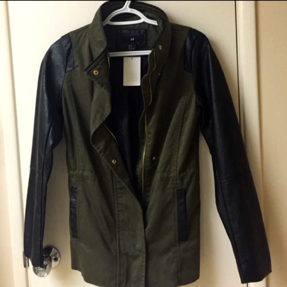 NWT h&m army jacket with leather sleeves size 2